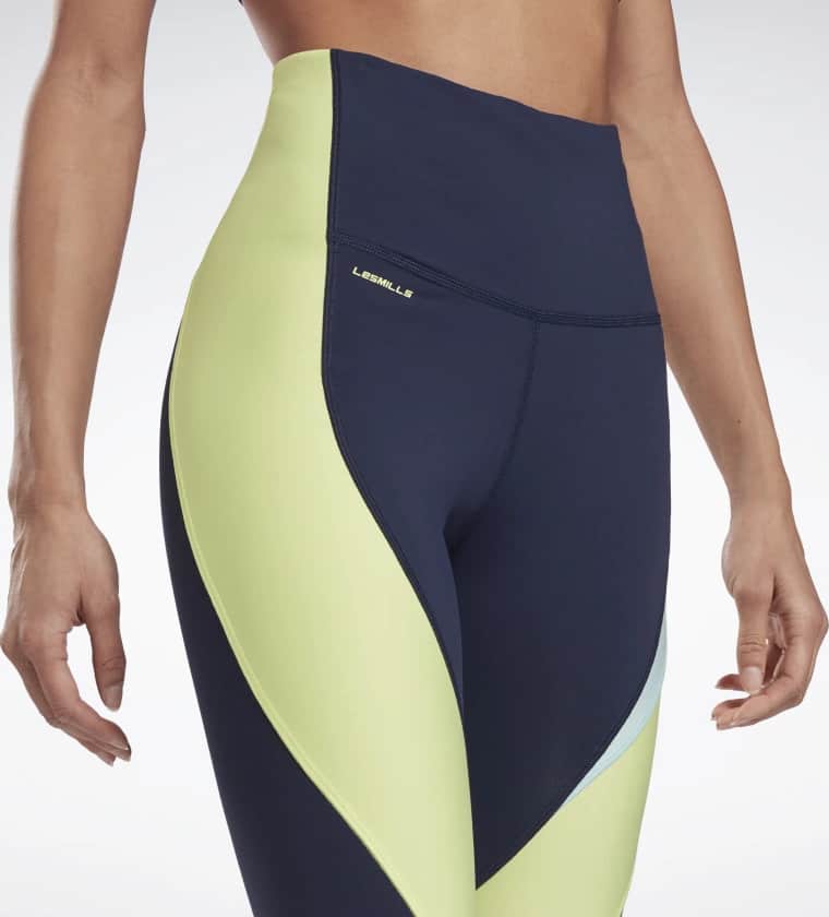 Reebok Les Mills High-Rise Colorblock Lux Leggings close up front top